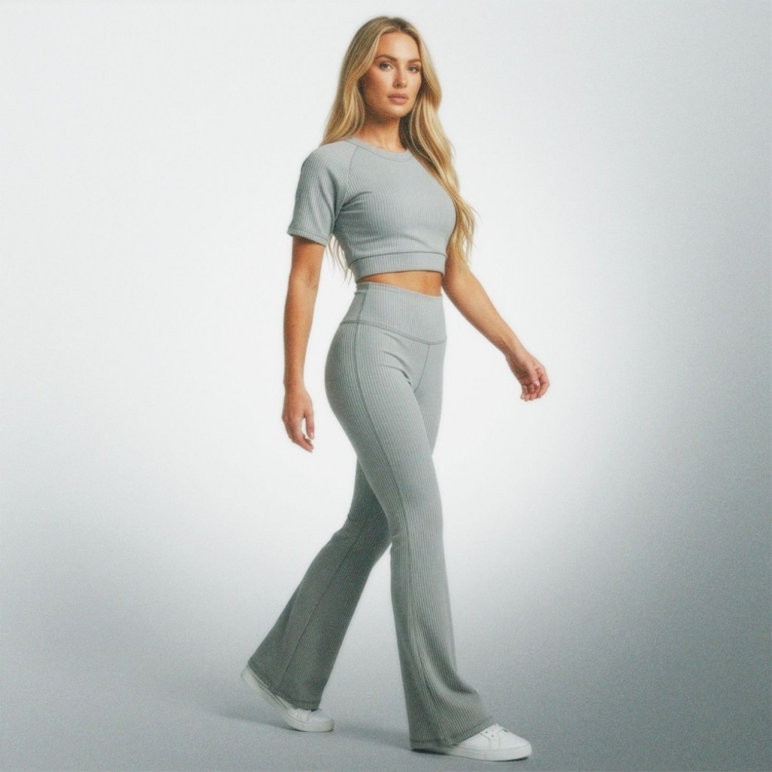 Kadın Gri Yoga & Fitness Takım Crop Üst Tayt Set